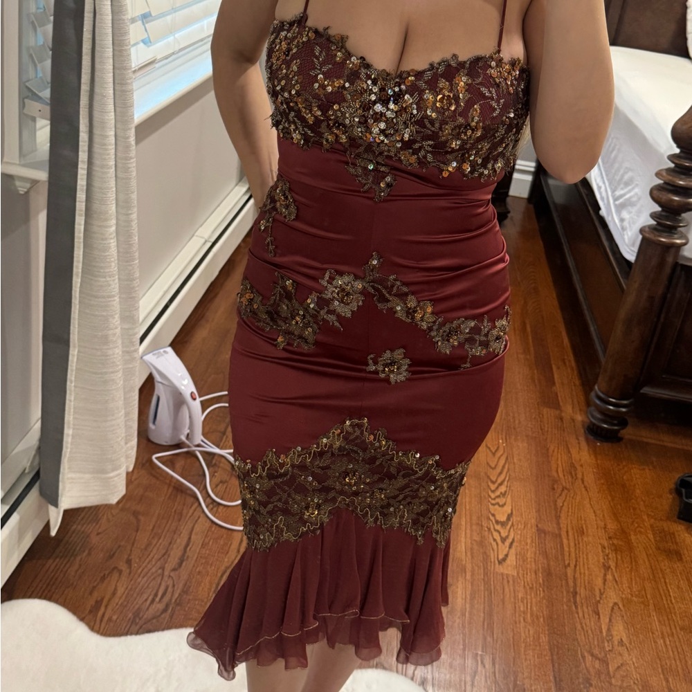 Julian Joyce Burgundy Dress with Gold Embellishments